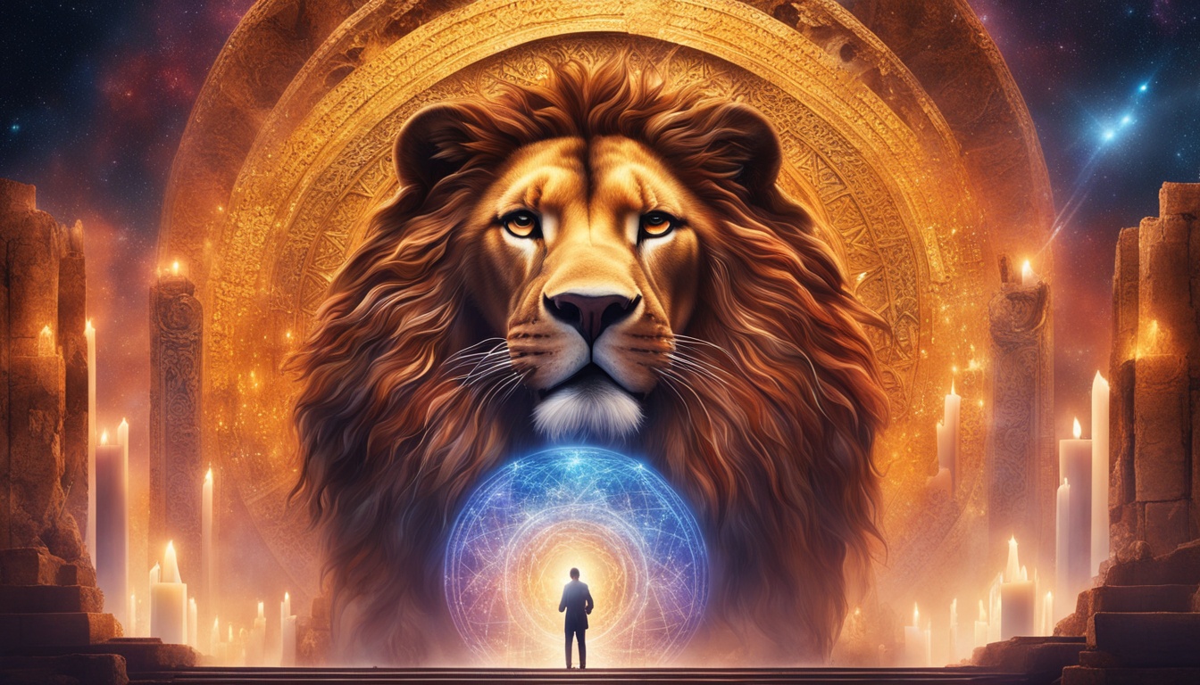 An image of a person standing in front of a glowing lion's gate portal, surrounded by symbols of manifestation such as candles, crystals, and a vision board. The person has their eyes closed and is visualizing their dreams while holding a piece of citrine. A lion spirit guide stands by their side, providing them with strength and courage to pursue their desires. The background is filled with stars and the energy of the universe flowing through the portal.