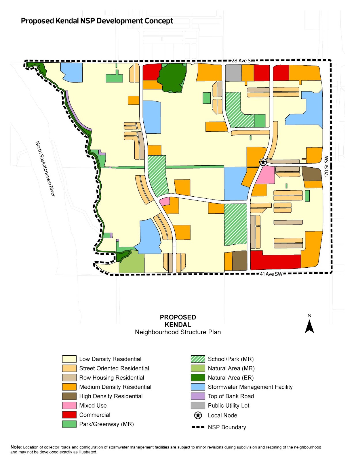 Multi coloured map of the proposed Kendall neighbourhood map, with a key at the bottom detailing the proposed layout.