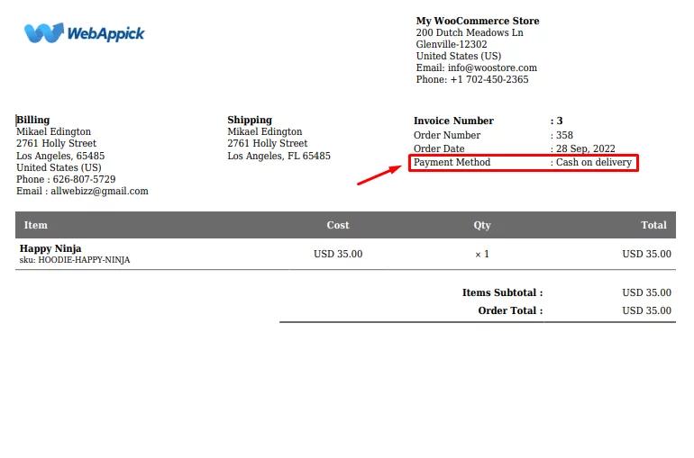 payment method show in invoice