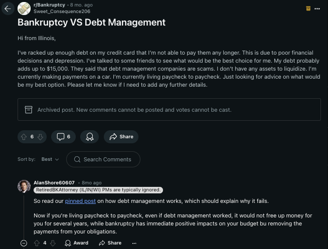 Reddit screenshot of individuals talking about debt management.