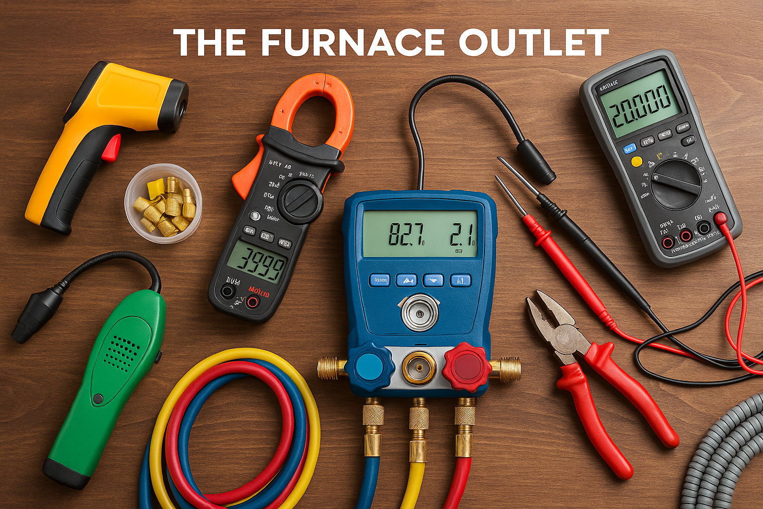 A digital photograph displays an array of HVAC tools including a digital manifold gauge, clamp meter, infrared thermometer, leak detector, and multimeter, neatly arranged on a wooden surface with "The Furnace Outlet" branding.