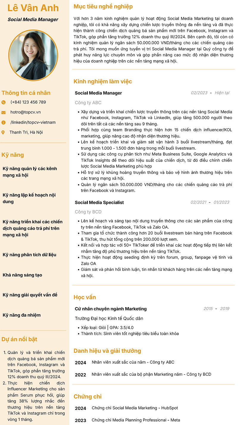 Mẫu CV Social Media Manager