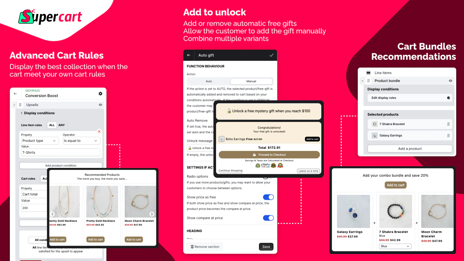 Visual showcase of Supercart’s advanced cart rules, add-to-unlock free gifts, and product bundle recommendations for Shopify stores. Features include dynamic product rules, free gift unlock offers, and combo product bundles to increase AOV and conversion rates.