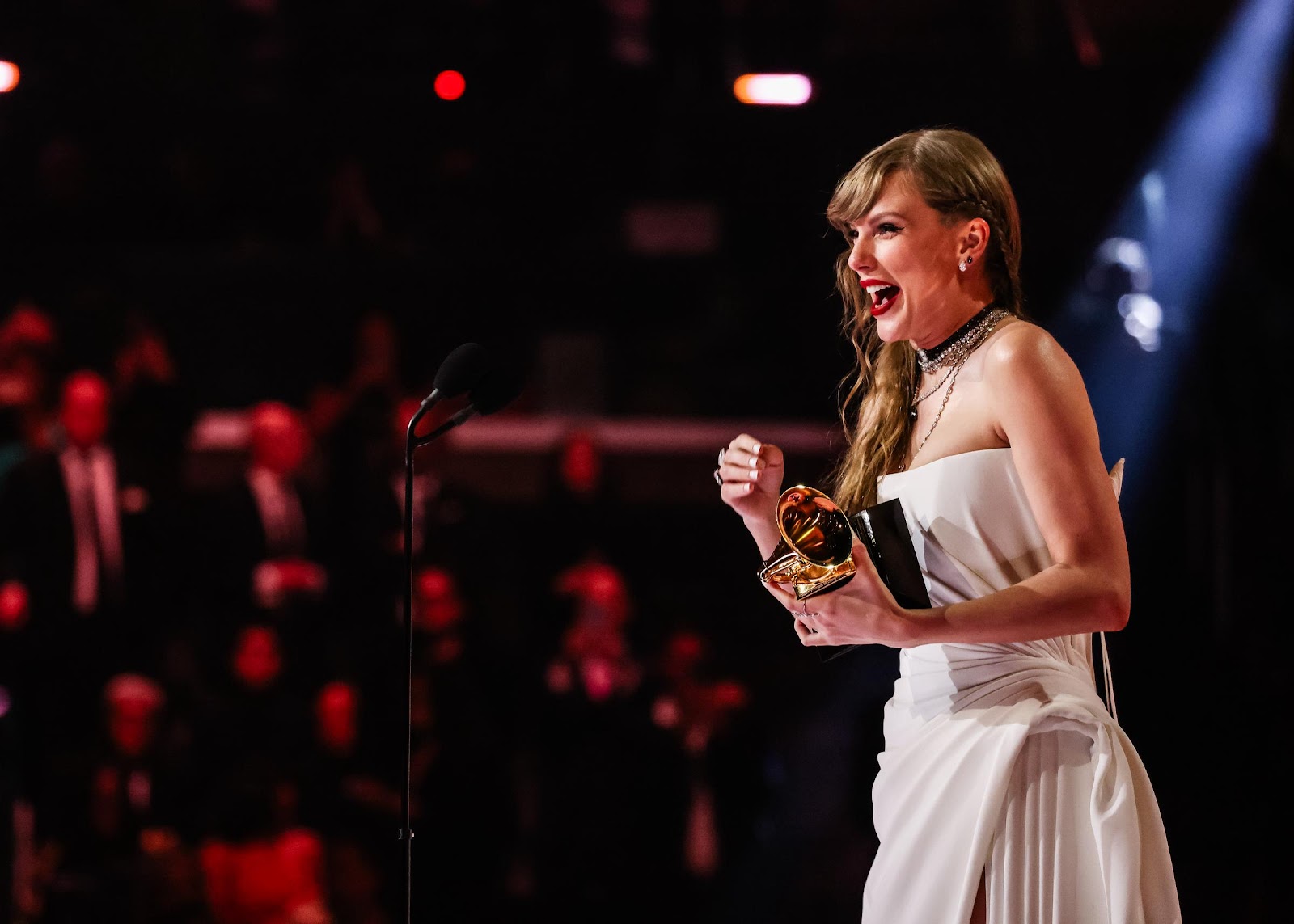 Taylor Swift accepts the Album of the Year award for "Midnights" during the 66th GRAMMY Awards in Los Angeles, California,  on February 4, 2024 | Source: Getty Images