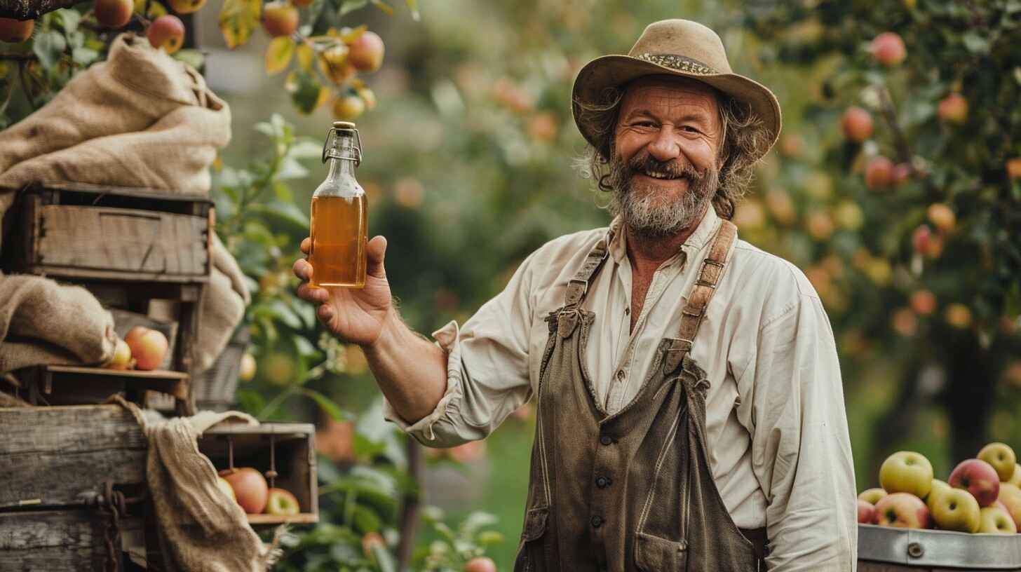 a countryside man showcasing apple cider vinegar bottle 