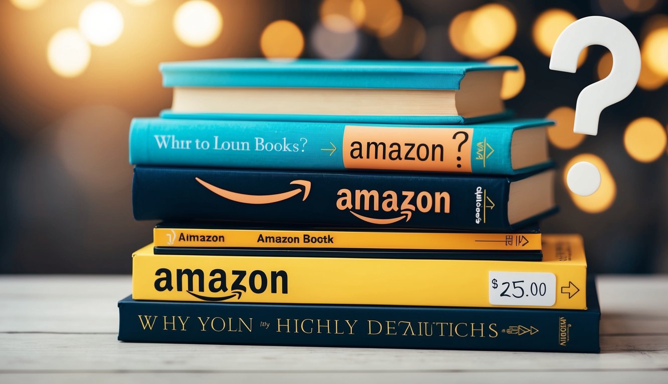 A stack of books with the Amazon logo on the covers, surrounded by question marks and a price tag