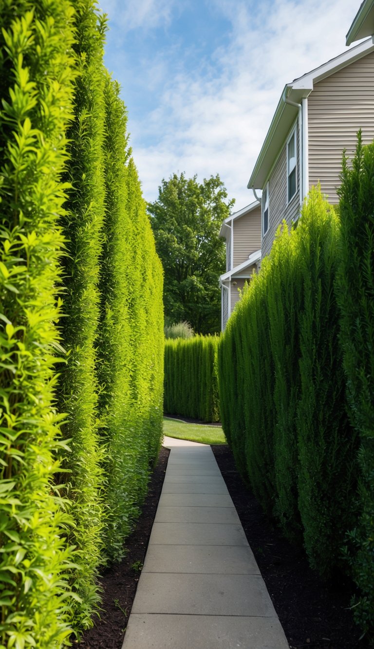 A row of tall, dense plants creates a natural sound barrier between two houses, providing privacy and a sense of seclusion