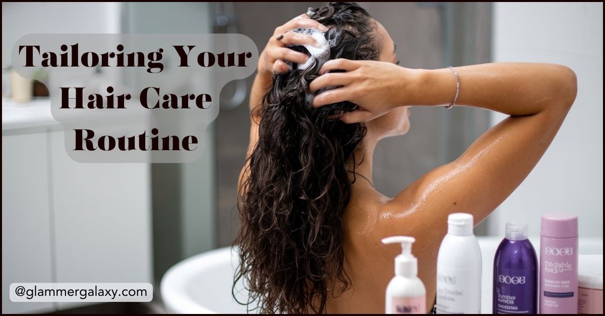 Person applying shampoo in shower, hair care products displayed.