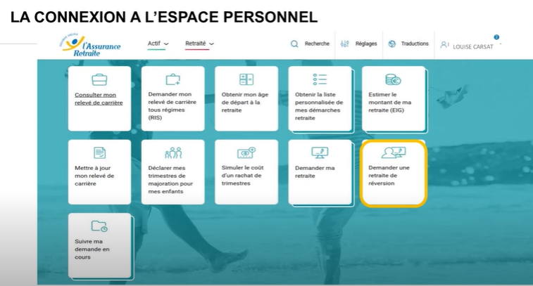 capture d'écran de l’espace personnel de la veuve ou du veuf.