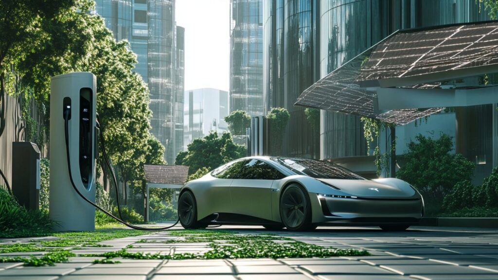 Electric car charging at a solar-powered station in an eco-city