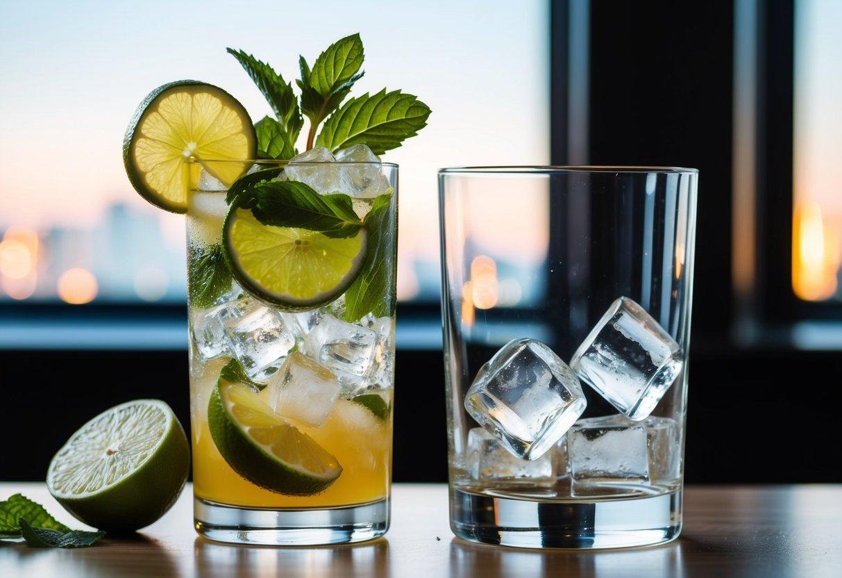 A tall glass filled with fresh mint leaves, lime wedges, and rum, with crushed ice piled on top next to a separate glass with cubed ice