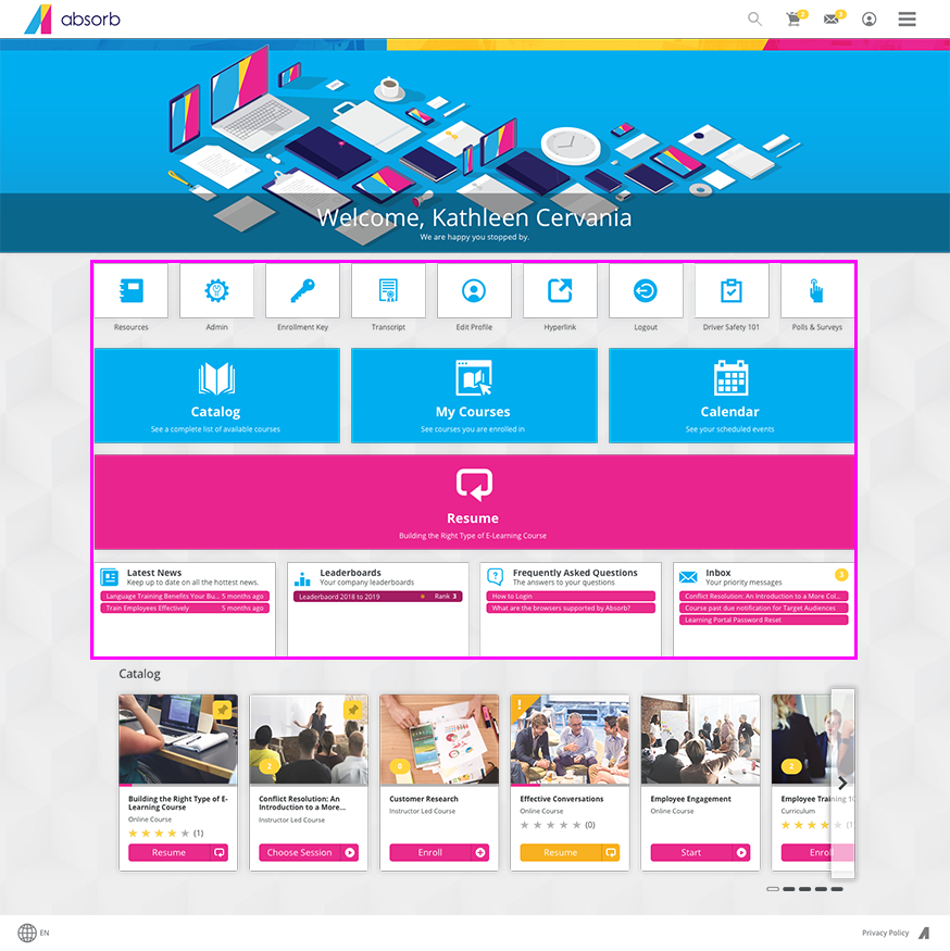 Absorb LMS dashboard illustrating compliance training tools, making it a scalable Cornerstone alternative.
