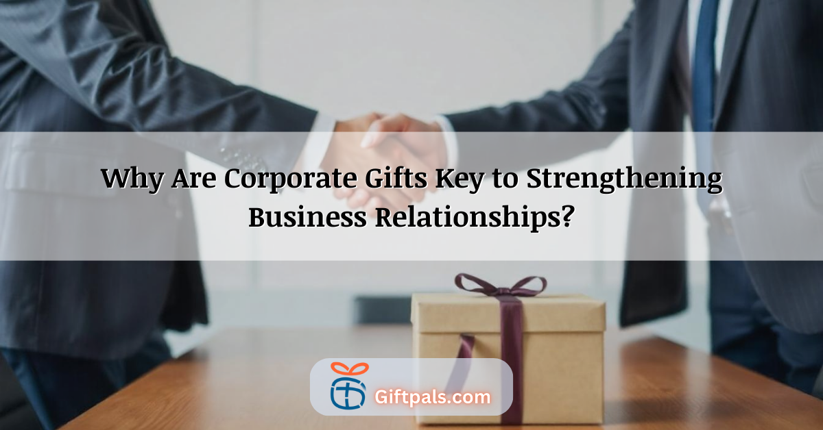 Two business professionals shaking hands with a corporate gift box on the table, symbolizing trust and relationship-building.