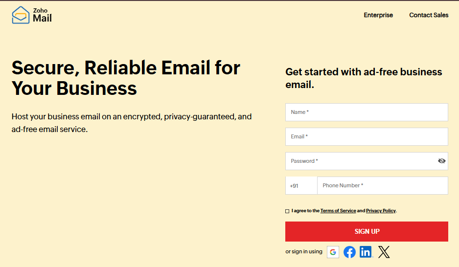 Zoho Mail’s landing page features a clean layout.