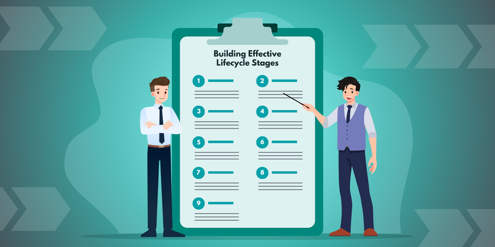 Two businessmen reviewing and implementing a 9-step practical checklist for building effective lifecycle stages.