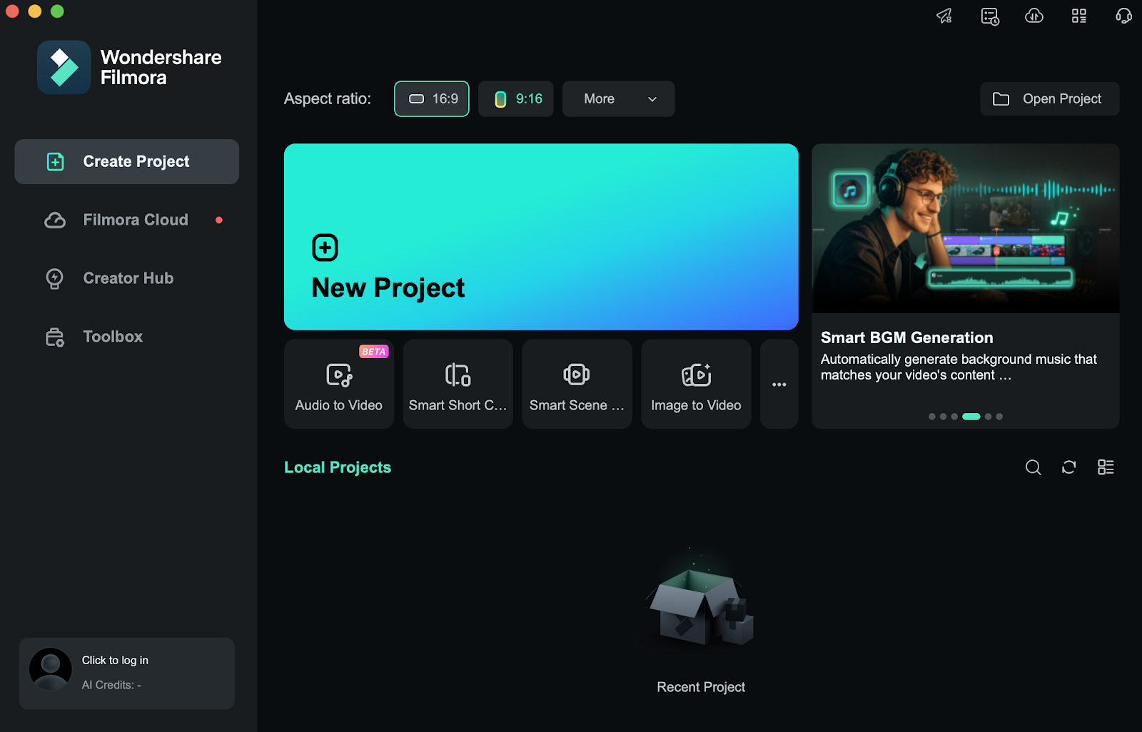 Filmora's video editing interface, showing options for "Create Project," "Filmora Cloud," "Creator Hub," and "Toolbox," as well as tools: Audio to video, Smart Short Captions, Smart Scene, and Image to Video.