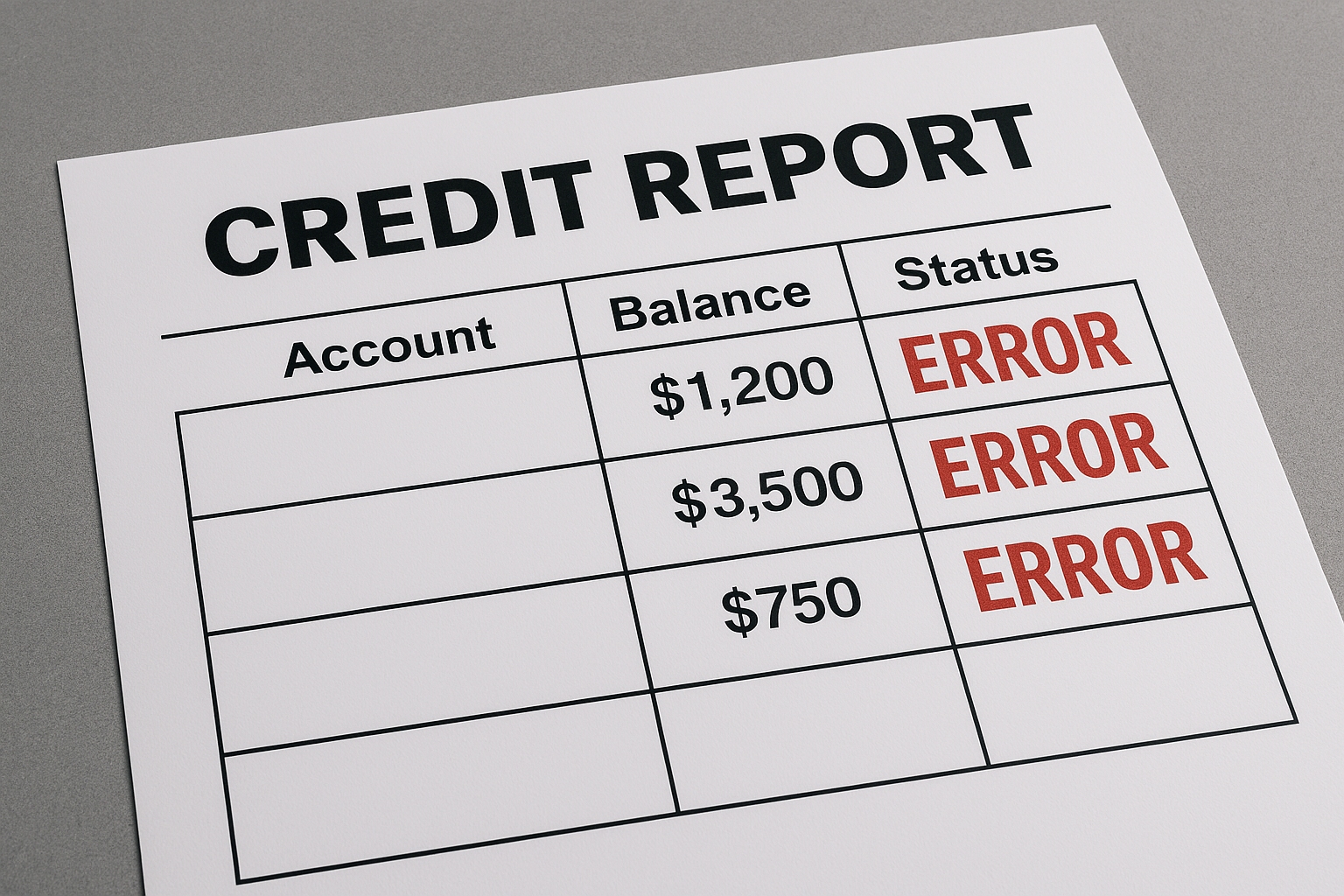 A credit report sheet filled with errors to be disputed.