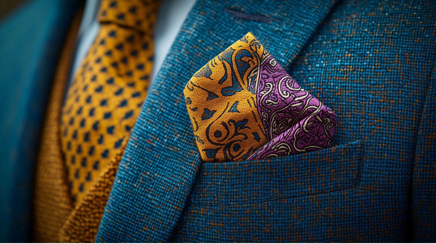 A close-up of a bold and stylish pocket square arranged in flamboyant folds, such as the winged puff or stairs fold. The fabric features vibrant colors or intricate patterns, adding personality and flair to the suit. The suit is sleek and modern, with soft lighting emphasizing the unique and eye-catching folds, creating a confident and stylish statement without appearing overly flashy