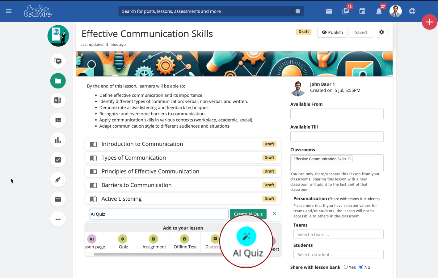 Contextual AI Quiz Generation Based on Lessons