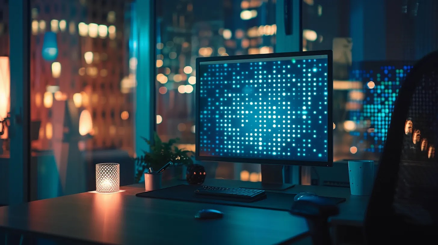 a serene office space featuring a glowing computer screen displaying abstract data patterns, symbolizing the protection and confidentiality of healthcare information under hipaa, illuminated by soft, warm lighting to convey a sense of security and professionalism.