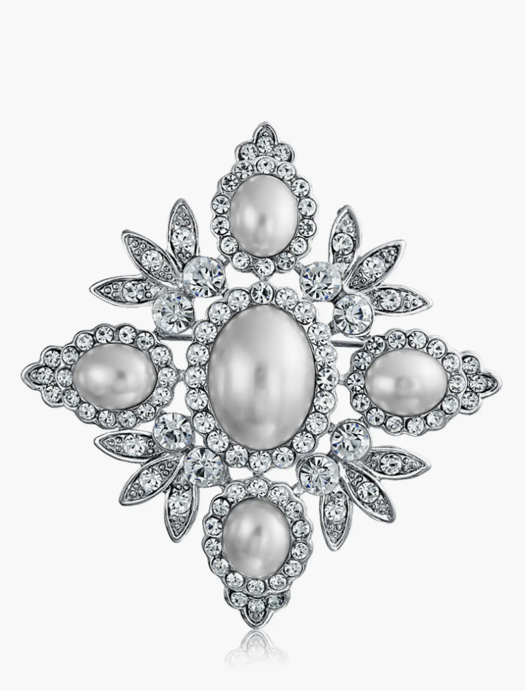 BLING JEWELRY Bridal Crystal White Imitation Pearl Large Leaf Flower Brooch $22.97