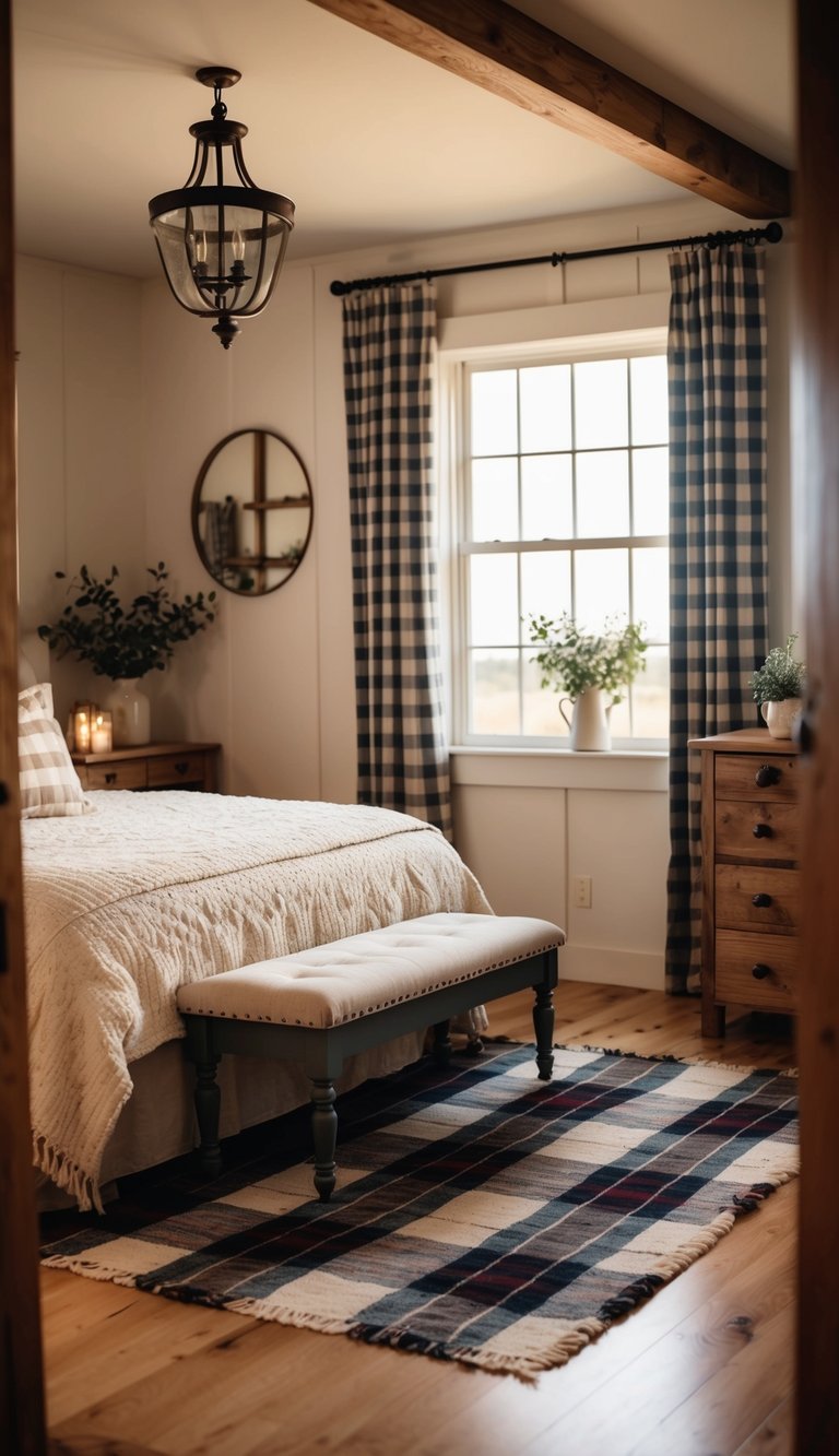 A cozy country farmhouse bedroom with a plaid area rug, rustic furniture, and warm lighting