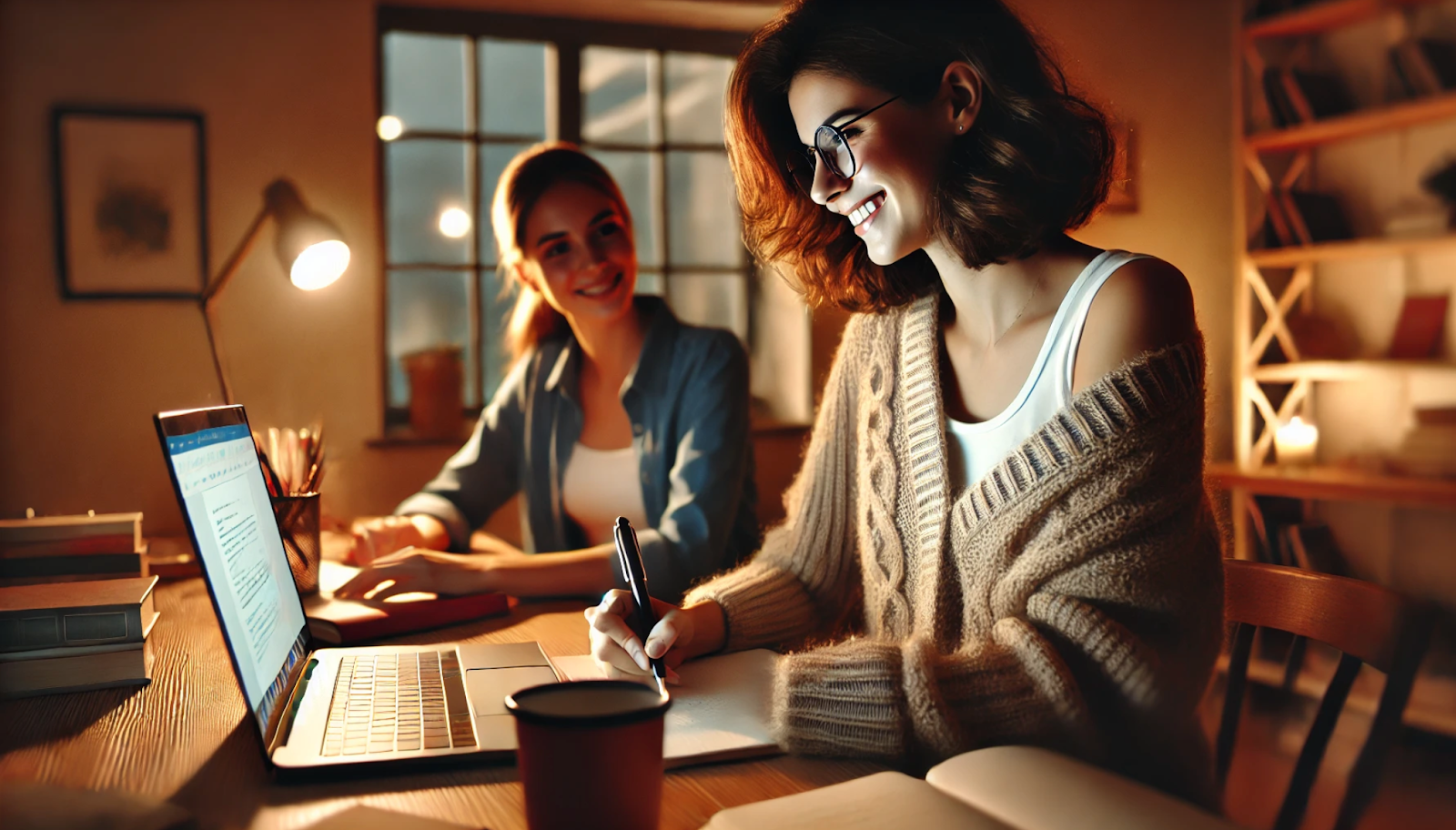 Two smiling women writing at a cozy desk with a laptop and books