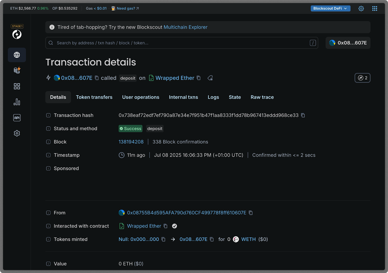 Blockscout transaction details page showing successful WETH deposit transaction with hash, 338 block confirmations, timestamp July 08 2025, and token minting details for converting ETH to Wrapped Ether on blockchain explorer
