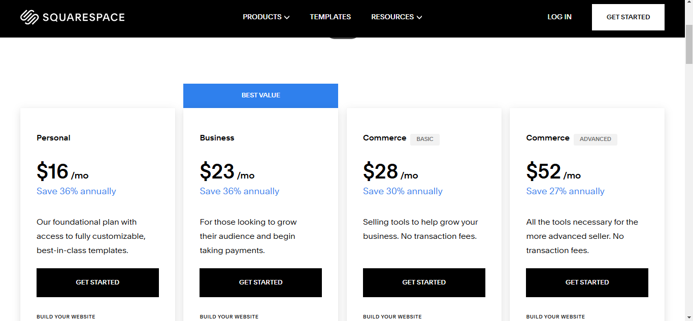 a screenshot of squarespace pricing