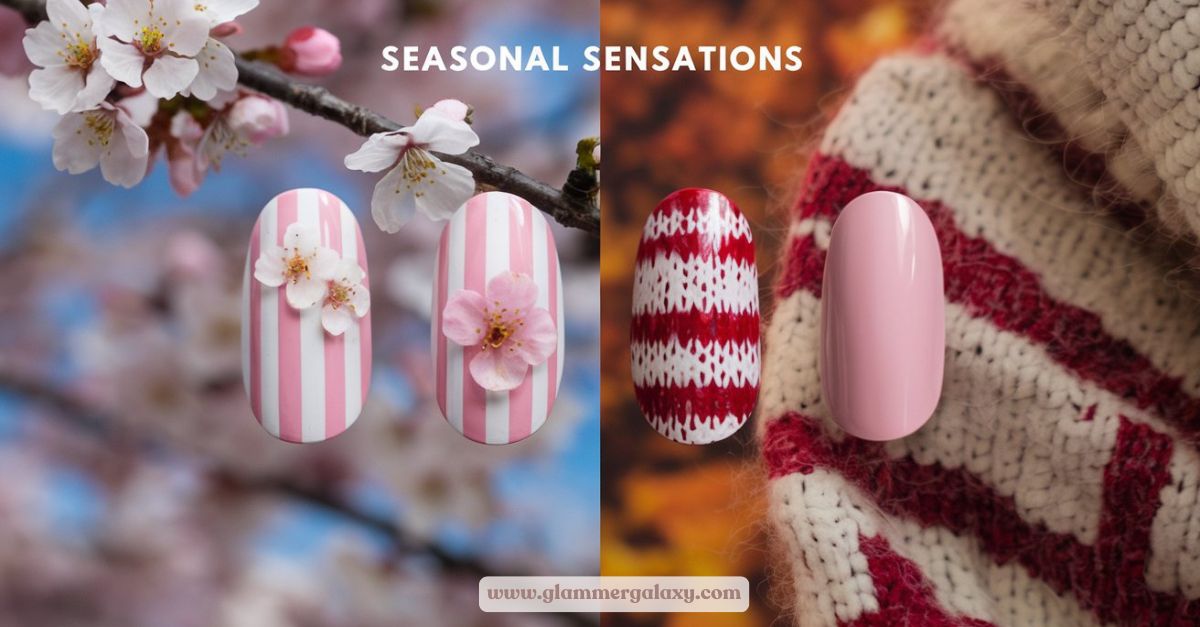 Seasonal nail art designs beside cherry blossoms and knitted fabric