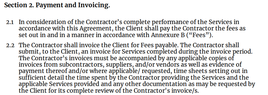 Screenshot of clause 2.2 detailing transaction fee responsibility in the contractor agreement