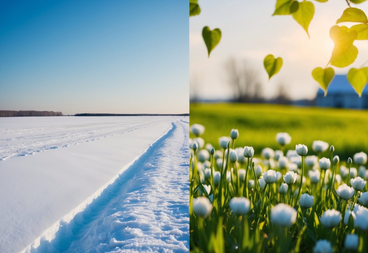 A barren winter landscape with snow-covered ground on one side, and a vibrant spring landscape with blooming flowers and green grass on the other