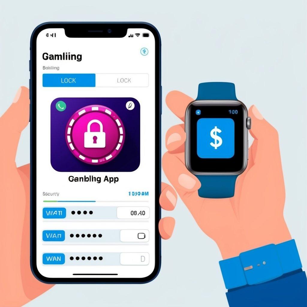 A smartphone displaying a gambling app with a lock symbol. A second device, such as a smartwatch or authentication app, is shown providing a secondary security code