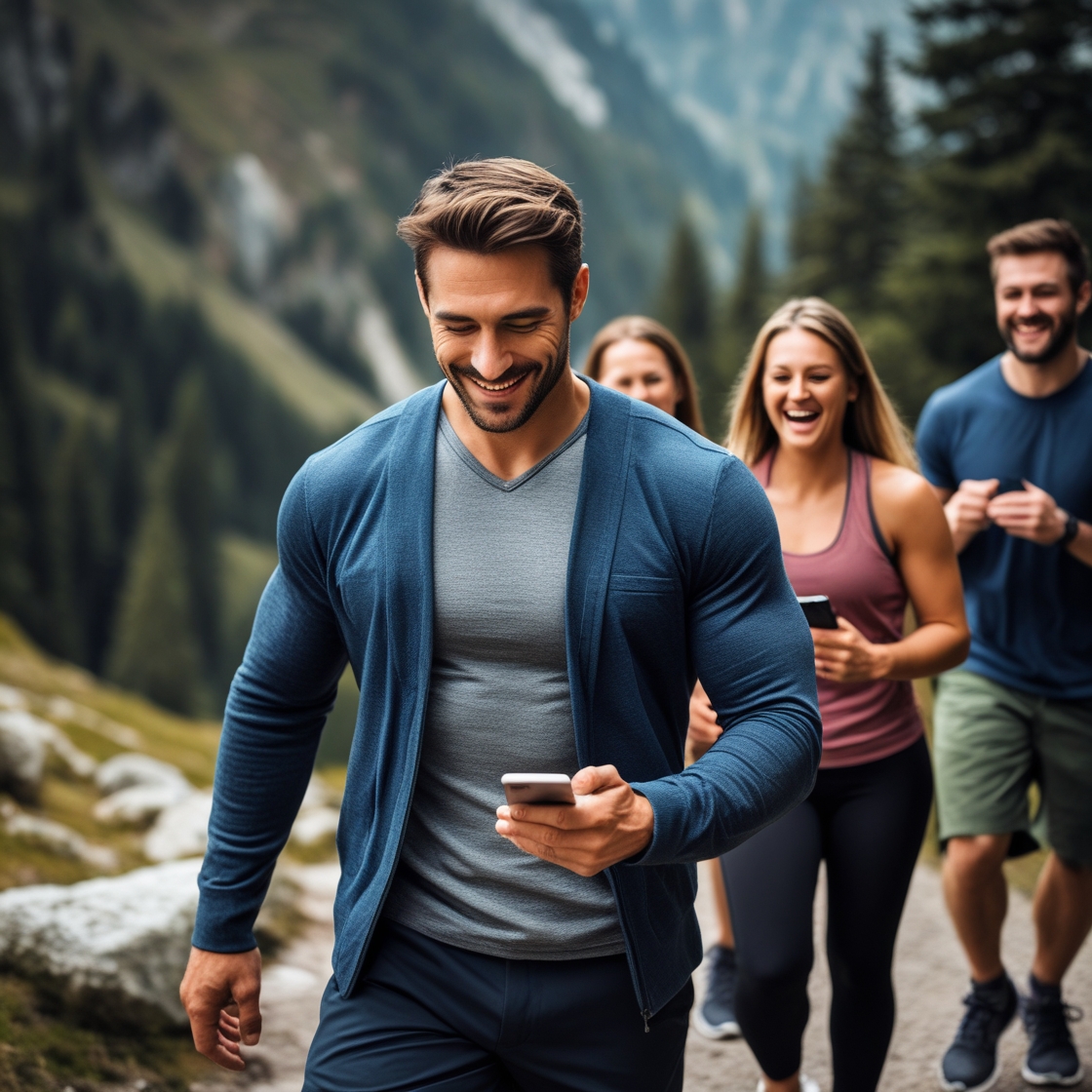 A confident man walking away from his phone while engaged in an activity like hiking, working out, or laughing with friends—showing a shift toward self-improvement.