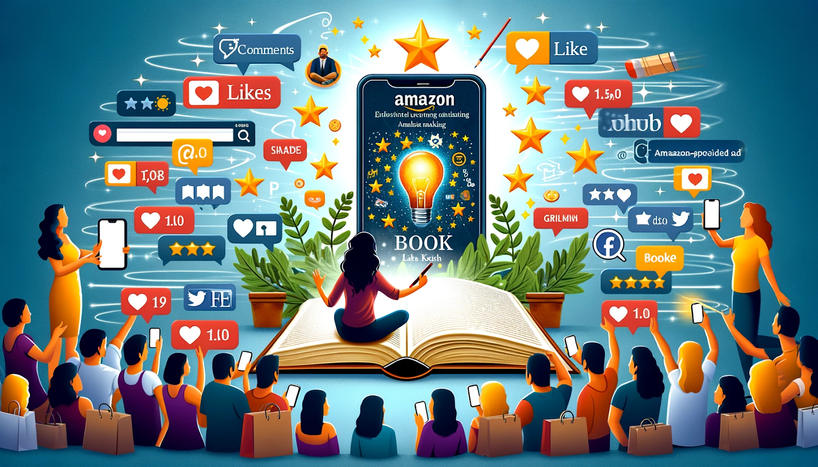 A vibrant digital illustration showcasing the power of Amazon book marketing and social media engagement. At the center, a large open book emits a glowing light, with a silhouetted figure sitting on it, arms raised. Above, a digital book cover with the title 'Amazon' and a glowing lightbulb symbolizes creativity and success. Surrounding the scene are floating social media icons, likes, comments, star ratings, and review elements, representing audience engagement and online popularity