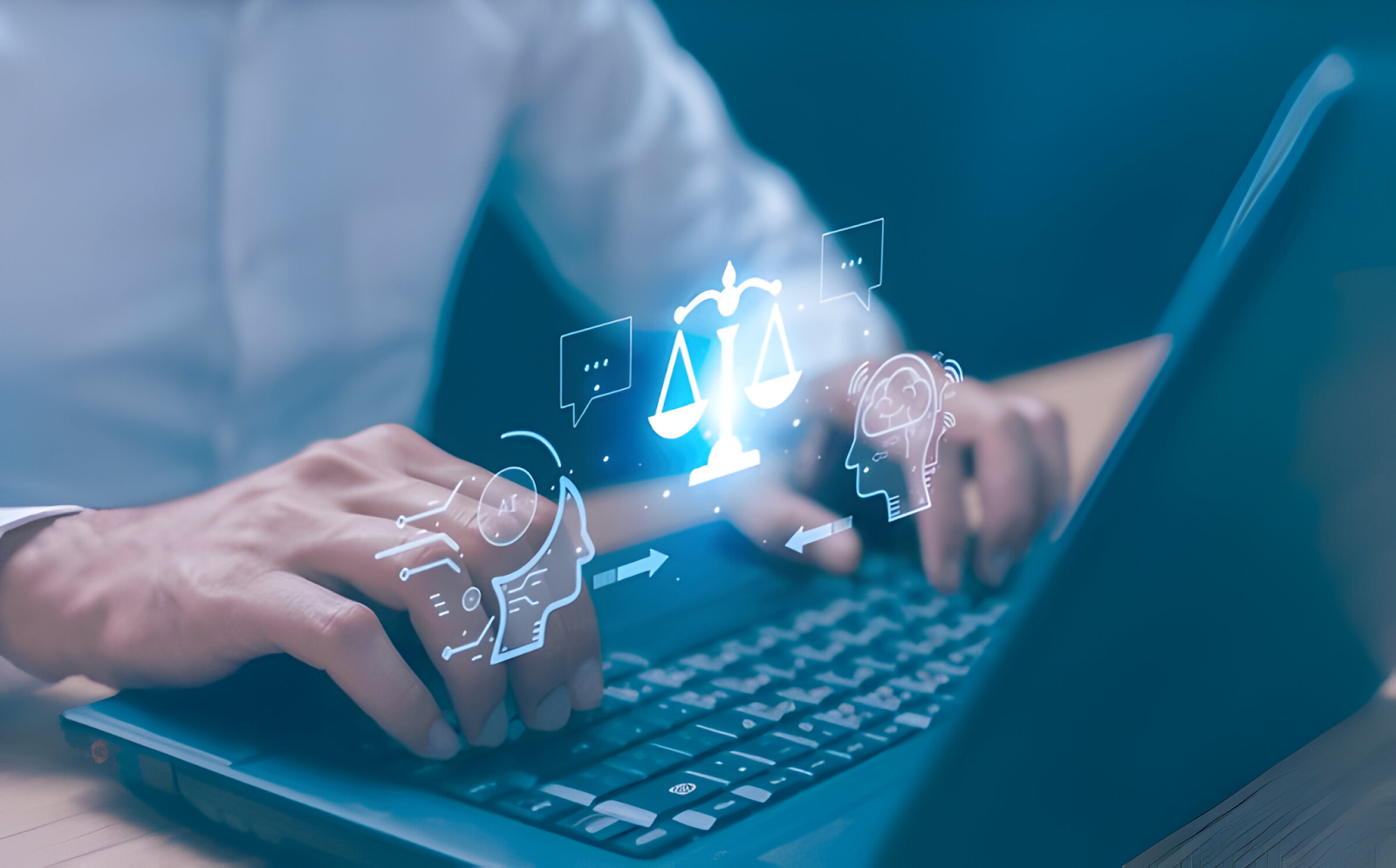 Person typing on a laptop with virtual icons of a scale and head, symbolizing the challenge of understanding and complying with laws and regulations in accounting.