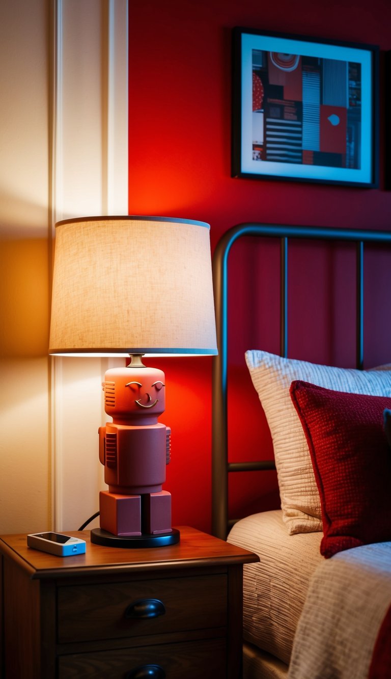 A firebrick bedside lamp illuminates a cozy red bedroom with 25 decorative ideas