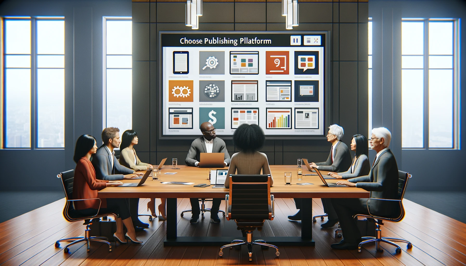 A modern conference room with a diverse group of professionals seated around a large wooden table, engaged in a discussion. A large screen at the front displays a presentation titled 'Choose Publishing Platform,' featuring various publishing-related icons and graphics. The room has floor-to-ceiling windows, allowing natural light to illuminate the setting. Attendees have laptops open, appearing focused on the presentation, while a speaker at the head of the table leads the discussion.