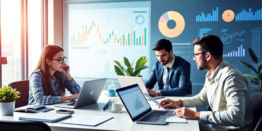 Modern fintech workspace with professionals collaborating on technology.