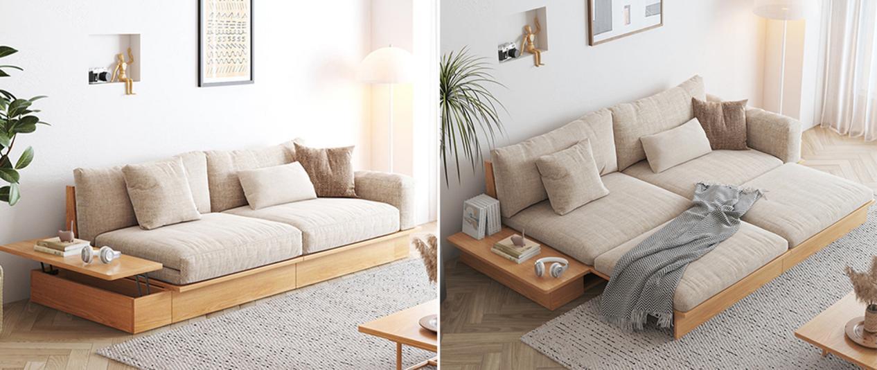 JASIWAY Modern Solid Wood Upholstered Cotton Linen Sofa Beige Folding sofa bed