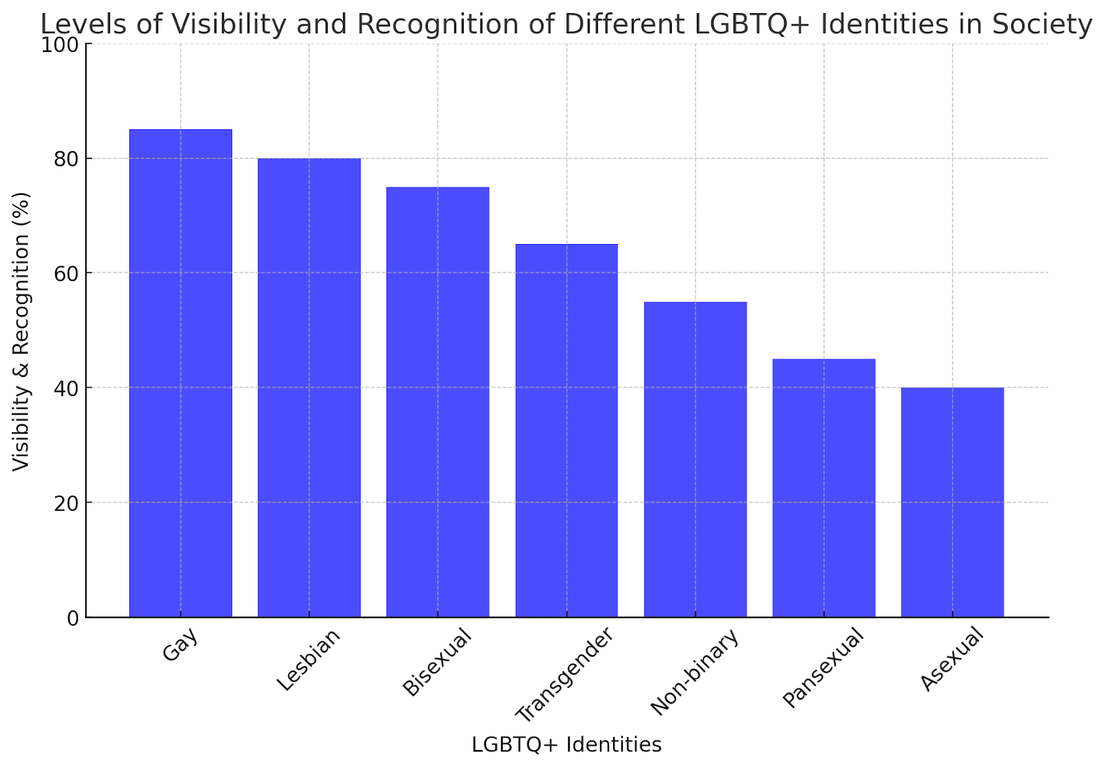 Bar chart showing visibility and recognition levels of LGBTQ+ identities, including pansexuality.