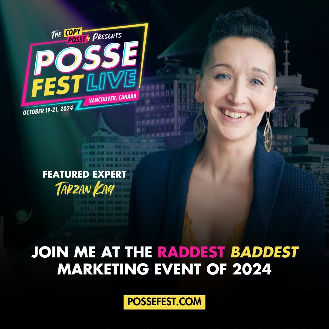 Headshot of Tarzan smiling, featured expert at Posse Fest Live. She has short, dark hair styled upwards, and is wearing a dark blazer. The background includes a cityscape at night and text promoting the event in Vancouver, Canada, on October 19-21, 2024. It reads, "Join me at the raddest baddest marketing event of 2024