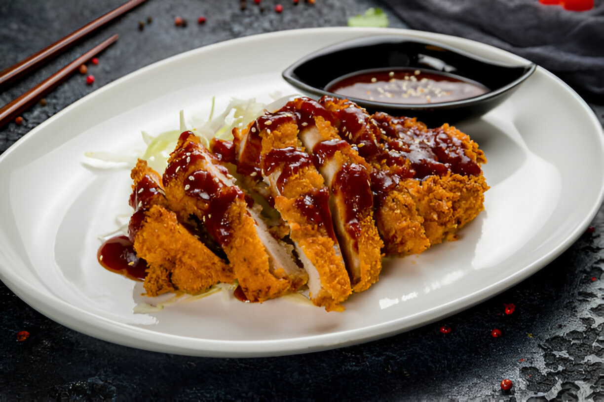 Tonkatsu dengan saus bull dog, yang dibuat dengan campuran kecap inggris, tomat, buah dan rempah.