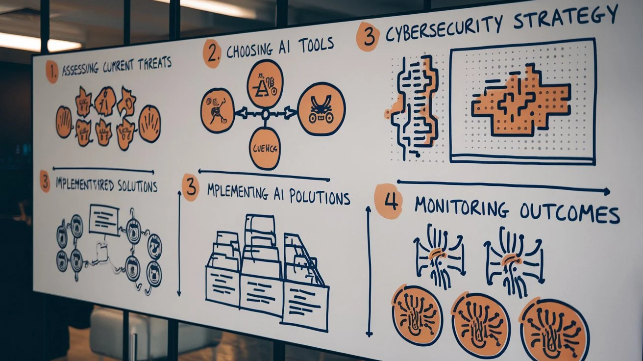 Step-by-step guide showing the implementation of AI into a cybersecurity strategy with flowcharts and diagrams