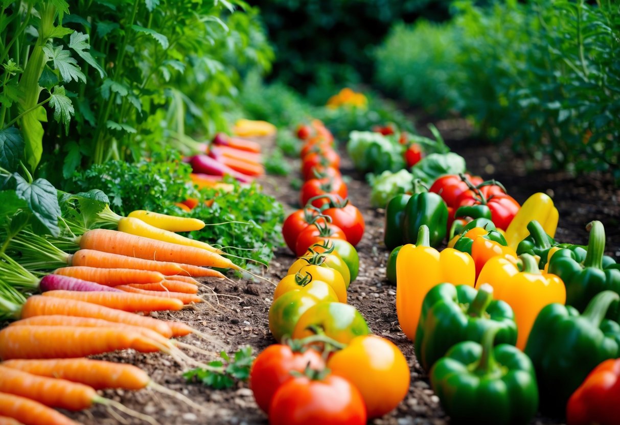 A colorful garden with rows of carrots, tomatoes, peppers, and other easy-to-grow vegetables, surrounded by lush green foliage