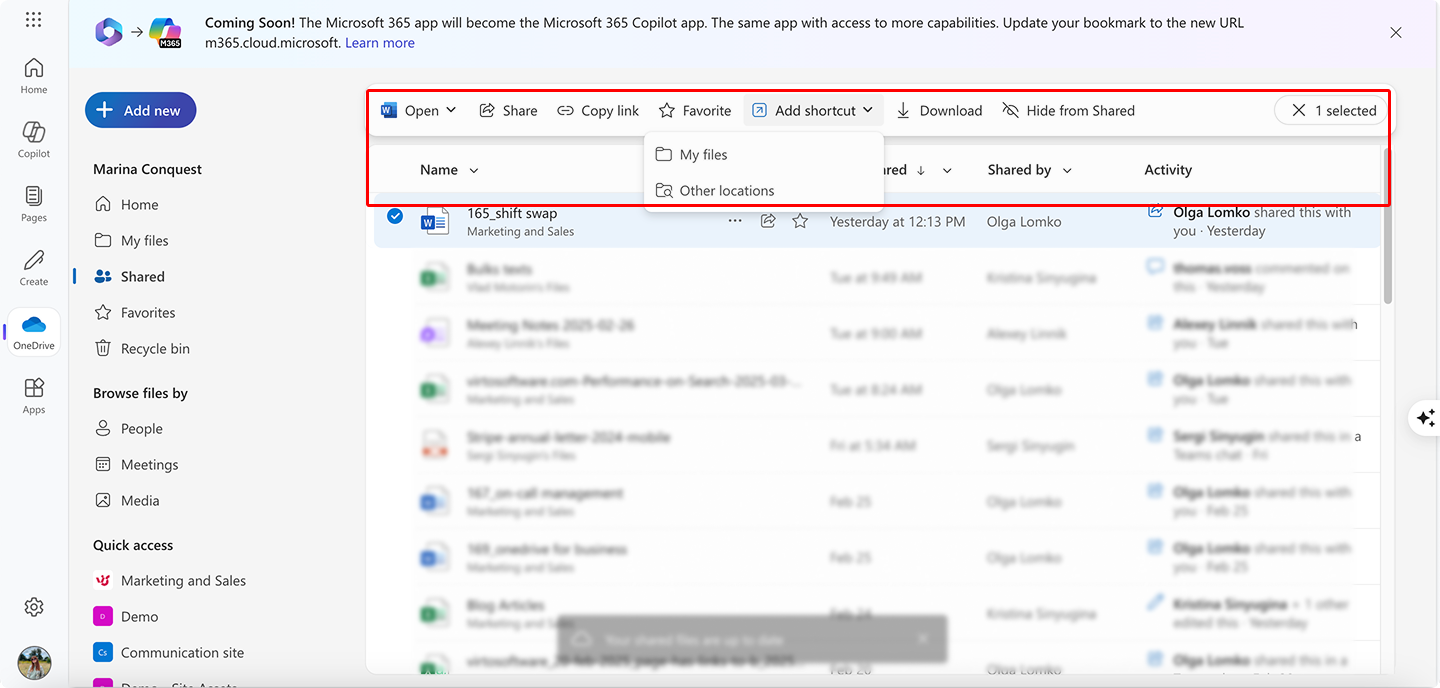 Pic. 9. Locating a ribbon menu with the “Favorite” & “Add shortcut” options in OneDrive.