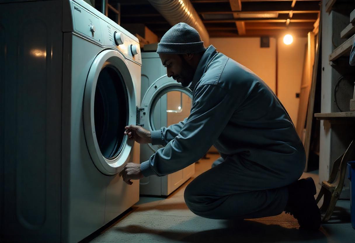 Professional inspecting and preparing to clean a household dryer in a basement laundry room.