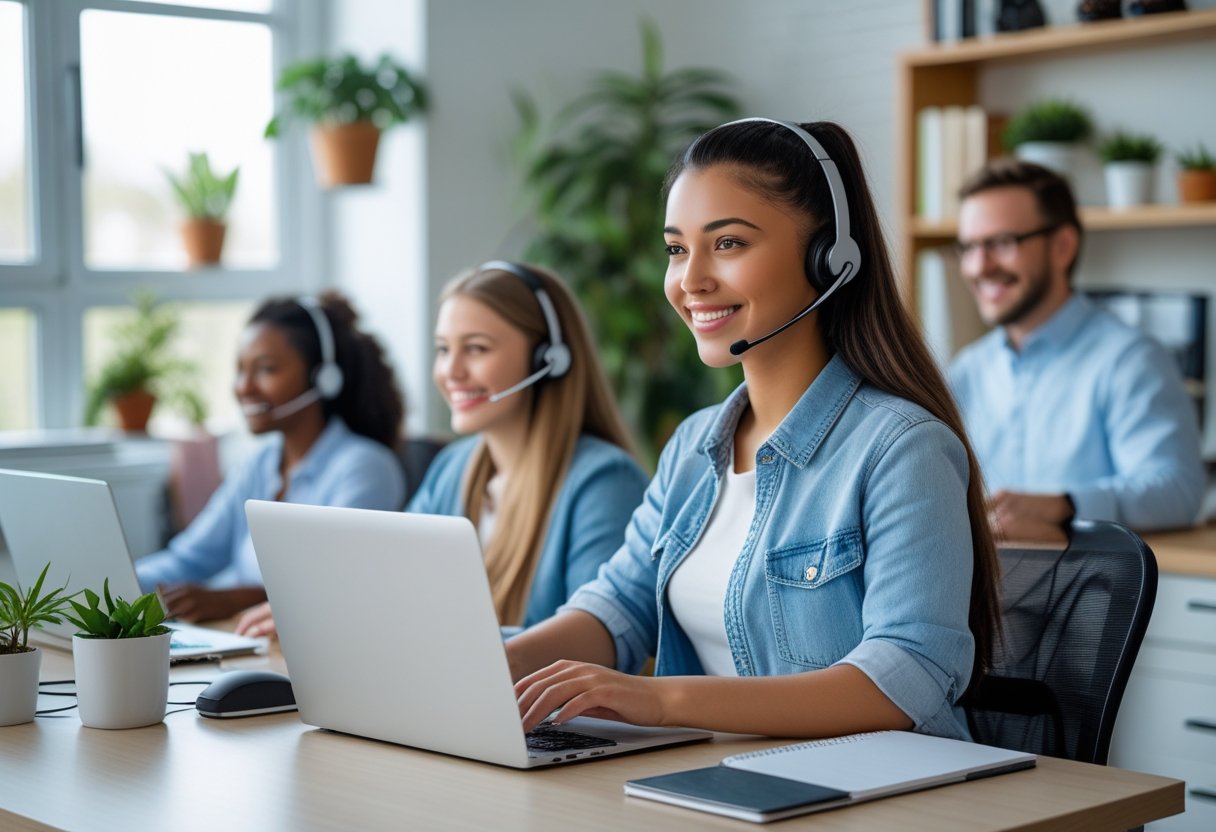 A diverse group of people working remotely as customer service representatives from home, using laptops and headsets in a bright home office setting.