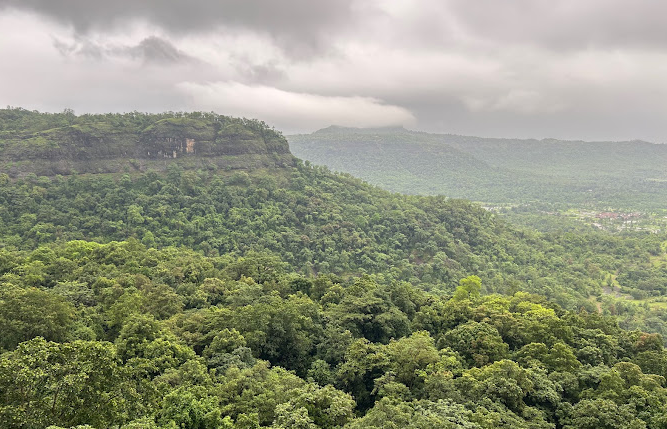 Panoramic scenic view from Shidi Ghat Trek, showcasing the natural beauty of Bhimashankar's mountains and valleys