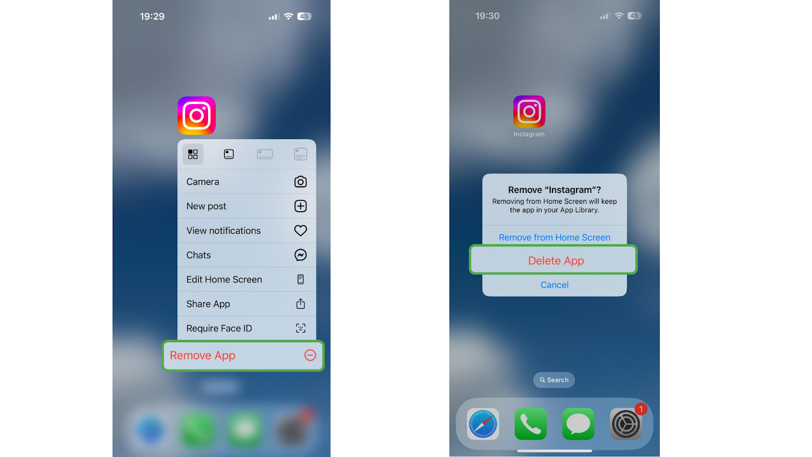 (On the left) Screenshot of the Instagram icon on the homescreen of iOS 18 highlighting the "Remove App" button; (On the right) Screenshot of the Instagram icon on the homescreen of iOS 18 highlighting the "Delete App" button